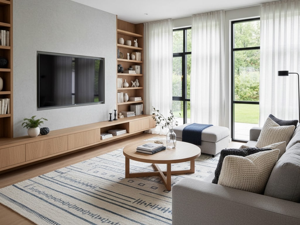 En moderne norsk stue med TV innebygd i veggen