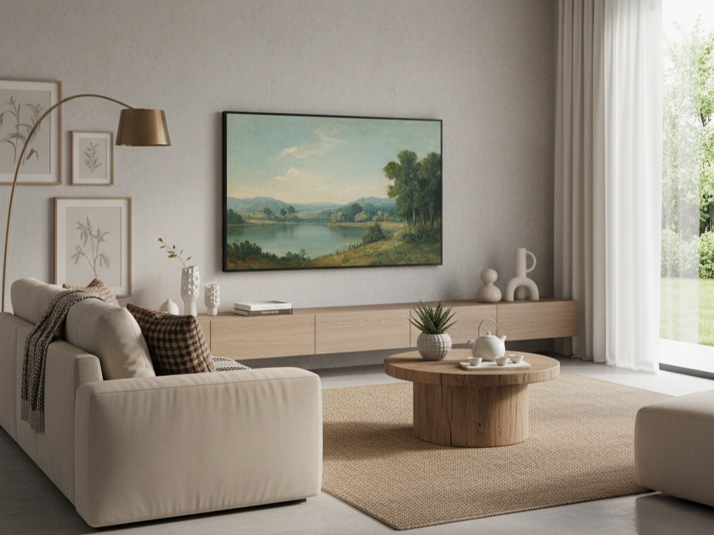 En moderne stue med Samsung The Frame TV på veggen