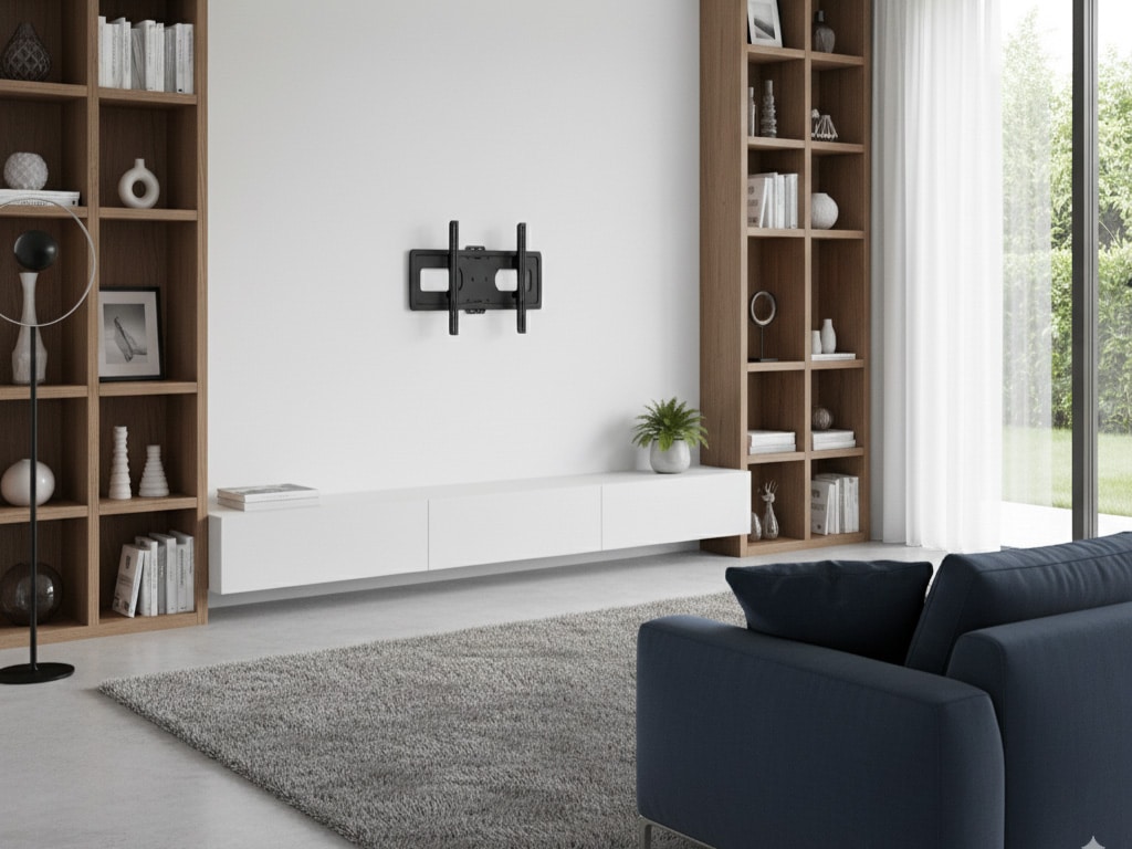 En moderne lysstue med et veggfeste for TV montert på en hvit vegg